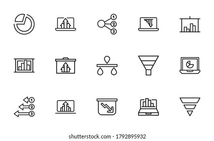 Einfache Sammlung analysebezogener Zeilensymbole. Dünne Vektorgrafik-Zeichensatz für Infografik, Logo, App-Entwicklung und Website-Design. Premium-Symbole einzeln auf weißem Hintergrund.