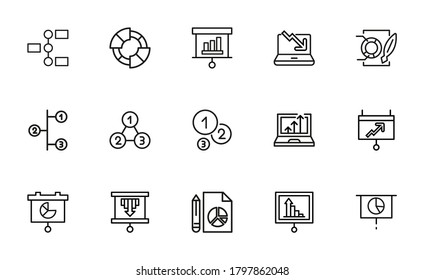 Simple collection of analysis related line icons. Thin line vector set of signs for infographic, logo, app development and website design. Premium symbols isolated on a white background.