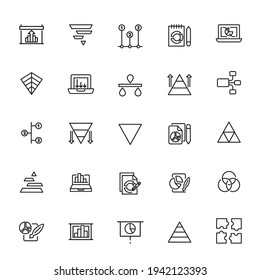 Colección simple de iconos de línea relacionados con el análisis. Juego de señales de vector de línea delgada para infografía, logotipo, desarrollo de aplicaciones y diseño de sitios web. Símbolos premium aislados en un fondo blanco.