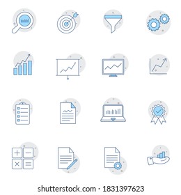 Colección simple de iconos de línea relacionados con el análisis. Juego de señales de vector de línea delgada para infografía, logotipo, desarrollo de aplicaciones y diseño de sitios web. Símbolos premium aislados en un fondo blanco. Eps10.