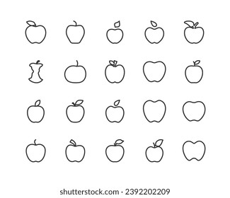 Colección simple de iconos de línea relacionados con manzanas. Juego de señales de vector de línea delgada para infografía, logotipo, desarrollo de aplicaciones y diseño de sitios web. Símbolos premium aislados en un fondo blanco.