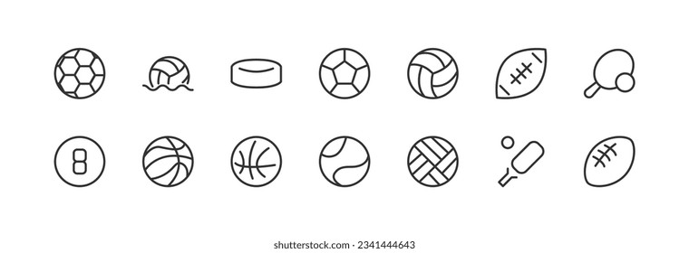 Simple collection of ball related line icons. Thin line vector set of signs for infographic, logo, app development and website design. Premium symbols isolated on a white background.