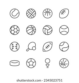 Simple collection of ball related line icons. Thin line vector set of signs for infographic, logo, app development and website design. Premium symbols isolated on a white background.