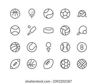 Simple collection of ball related line icons. Thin line vector set of signs for infographic, logo, app development and website design. Premium symbols isolated on a white background.