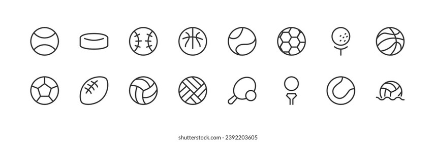 Colección simple de iconos de línea relacionados con la bola. Juego de señales de vector de línea delgada para infografía, logotipo, desarrollo de aplicaciones y diseño de sitios web. Símbolos premium aislados en un fondo blanco.