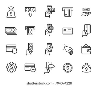 Simple collection of banking related line icons. Thin line vector set of signs for infographic, logo, app development and website design. Premium symbols isolated on a white background.