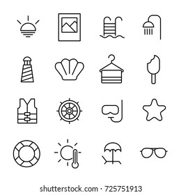 Simple collection of beach related line icons. Thin line vector set of signs for infographic, logo, app development and website design. Premium symbols isolated on a white background.