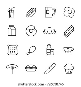 Simple collection of breakfast related line icons. Thin line vector set of signs for infographic, logo, app development and website design. Premium symbols isolated on a white background.