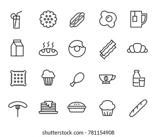Simple collection of breakfast related line icons. Thin line vector set of signs for infographic, logo, app development and website design. Premium symbols isolated on a white background.