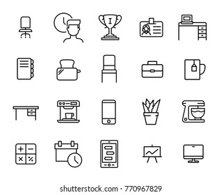 Simple collection of business workspace related line icons. Thin line vector set of signs for infographic, logo, app development and website design. Premium symbols isolated on a white background.