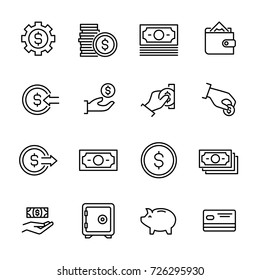 Simple collection of cash related line icons. Thin line vector set of signs for infographic, logo, app development and website design. Premium symbols isolated on a white background.