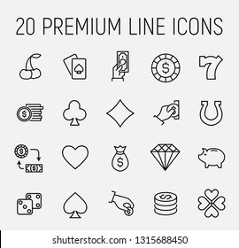 Simple collection of casino related line icons. Thin line vector set of signs for infographic, logo, app development and website design. Premium symbols isolated on a white background. 