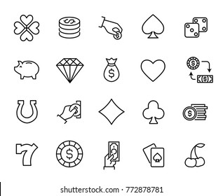 Simple collection of casino related line icons. Thin line vector set of signs for infographic, logo, app development and website design. Premium symbols isolated on a white background.