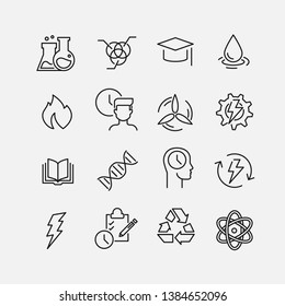 Simple collection of chemistry related line icons. Thin line vector set of signs for infographic, logo, app development and website design. Premium symbols isolated on a white background.