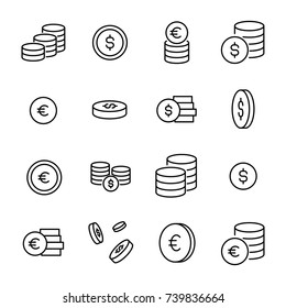 Simple collection of coin related line icons. Thin line vector set of signs for infographic, logo, app development and website design. Premium symbols isolated on a white background.