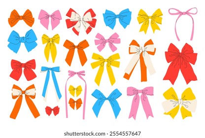 Simple Collection of Colorful Hand Drawn Ribbon Bows. Bow for Decoration, Large Set of Butterflies. Large Set of Retro Ribbon Illustrations. Set of Various Cartoon Bows, Delicate Gift Ribbons