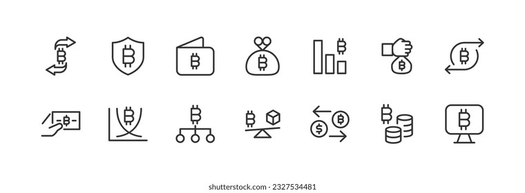 Simple collection of cryptocurrency related line icons. Thin line vector set of signs for infographic, logo, app development and website design. Premium symbols isolated on a white background.