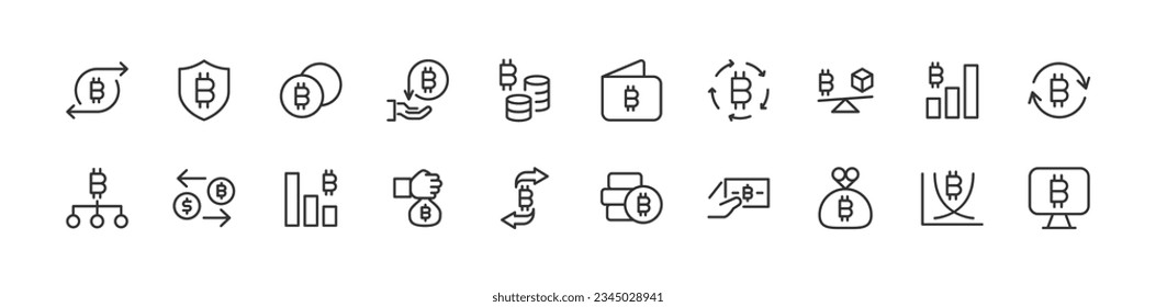 Simple collection of cryptocurrency related line icons. Thin line vector set of signs for infographic, logo, app development and website design. Premium symbols isolated on a white background.