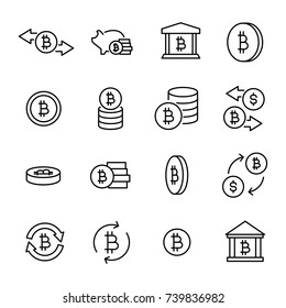 Simple collection of cryptocurrency related line icons. Thin line vector set of signs for infographic, logo, app development and website design. Premium symbols isolated on a white background.