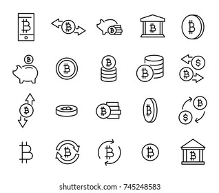 Simple collection of cryptocurrency related line icons. Thin line vector set of signs for infographic, logo, app development and website design. Premium symbols isolated on a white background.