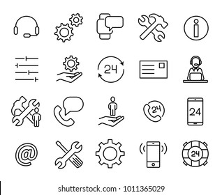 Simple collection of customer care related line icons. Thin line vector set of signs for infographic, logo, app development and website design. Premium symbols isolated on a white background.