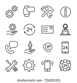 Simple collection of customer care related line icons. Thin line vector set of signs for infographic, logo, app development and website design. Premium symbols isolated on a white background.