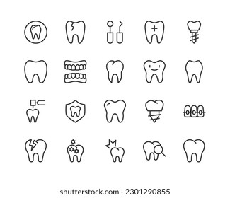 Colección simple de iconos dentales relacionados con la línea. Juego de señales de vector de línea delgada para infografía, logotipo, desarrollo de aplicaciones y diseño de sitios web. Símbolos premium aislados en un fondo blanco.