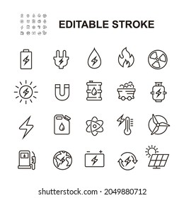 Simple Collection Of Energy Related Types Of Vector Line Icons. Contains Icons like Hydro Power Plant, Solar Cell, Fossil Fuel and many more. Editable Strokes. Eps 10.