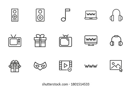 Simple collection of entertainment related line icons. Thin line vector set of signs for infographic, logo, app development and website design. Premium symbols isolated on a white background.