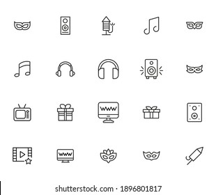 Simple collection of entertainment related line icons. Thin line vector set of signs for infographic, logo, app development and website design. Premium symbols isolated on a white background.