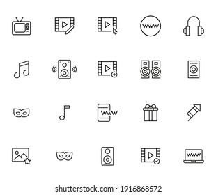 Colección simple de iconos de línea relacionados con el entretenimiento. Juego de señales de vector de línea delgada para infografía, logotipo, desarrollo de aplicaciones y diseño de sitios web. Símbolos premium aislados en un fondo blanco.