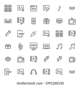 Simple collection of entertainment related line icons. Thin line vector set of signs for infographic, logo, app development and website design. Premium symbols isolated on a white background.