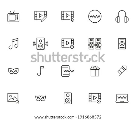 Simple collection of entertainment related line icons. Thin line vector set of signs for infographic, logo, app development and website design. Premium symbols isolated on a white background.