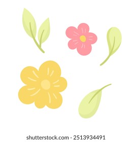 Simple collection of flowers and leaves isolated on white for design. Spring symbols, flowering and the beginning. Simple flower for design of prints, banners, cards and other typography products