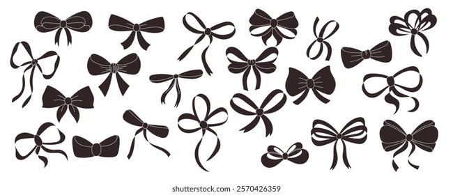 A simple collection of hand drawn ribbon bows. Decorating bow, black silhouettes, large set