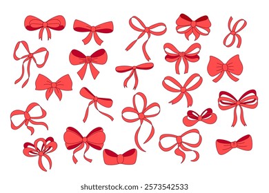 A simple collection of hand drawn ribbon bows. Bow decoration, red ribbons