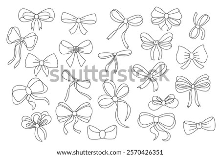 A simple collection of hand drawn ribbon bows. Bow for decoration, black linear silhouettes, large set