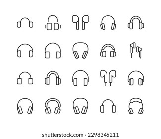 Colección simple de iconos de línea relacionados con auriculares. Juego de señales de vector de línea delgada para infografía, logotipo, desarrollo de aplicaciones y diseño de sitios web. Símbolos premium aislados en un fondo blanco.