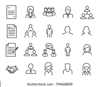 Simple collection of human resources (HR) related line icons. Thin line vector set of signs for infographic, logo, app development and website design. Premium symbols isolated on a white background.