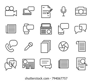 Simple collection of journalism related line icons. Thin line vector set of signs for infographic, logo, app development and website design. Premium symbols isolated on a white background.