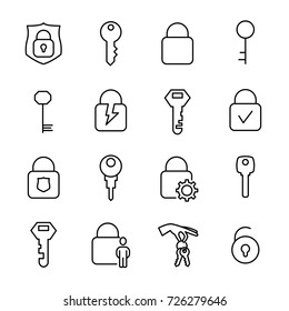 Simple collection of keys and locks related line icons. Thin line vector set of signs for infographic, logo, app development and website design. Premium symbols isolated on a white background.