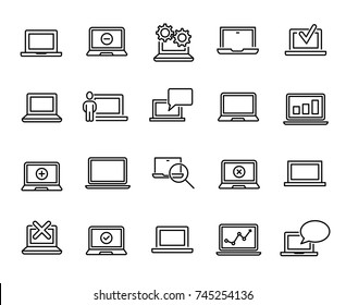 Simple collection of laptop related line icons. Thin line vector set of signs for infographic, logo, app development and website design. Premium symbols isolated on a white background.