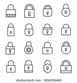Colección simple de iconos de línea relacionados con el bloqueo. Juego de señales de vector de línea delgada para infografía, logotipo, desarrollo de aplicaciones y diseño de sitios web. Símbolos premium aislados en un fondo blanco.