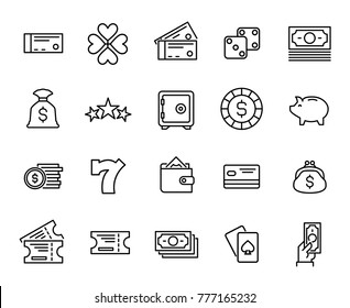 Colección simple de iconos de línea relacionados con la lotería. Conjunto de señales de vector de línea delgada para infografía, logotipo, desarrollo de aplicaciones y diseño de sitios web. Símbolos Premium aislados en un fondo blanco.