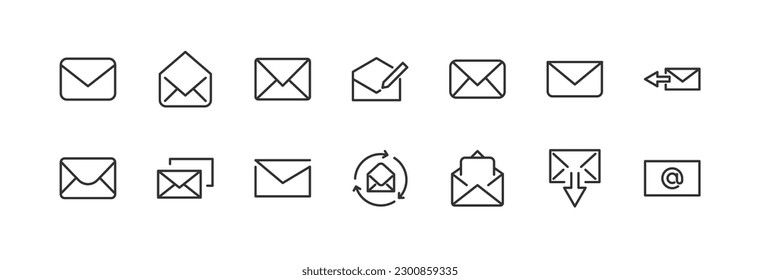 Colección simple de iconos de línea relacionados con el correo. Juego de señales de vector de línea delgada para infografía, logotipo, desarrollo de aplicaciones y diseño de sitios web. Símbolos premium aislados en un fondo blanco.
