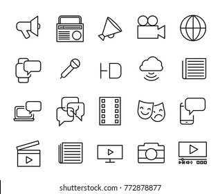 Simple collection of mass media related line icons. Thin line vector set of signs for infographic, logo, app development and website design. Premium symbols isolated on a white background.
