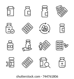 Simple collection of medical drug related line icons. Thin line vector set of signs for infographic, logo, app development and website design. Premium symbols isolated on a white background.