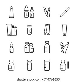 Simple collection of medication related line icons. Thin line vector set of signs for infographic, logo, app development and website design. Premium symbols isolated on a white background.