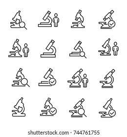 Simple collection of microscope related line icons. Thin line vector set of signs for infographic, logo, app development and website design. Premium symbols isolated on a white background.