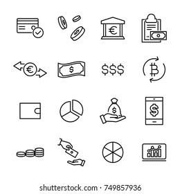 Simple collection of money related line icons. Thin line vector set of signs for infographic, logo, app development and website design. Premium symbols isolated on a white background.